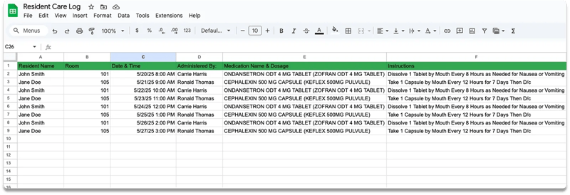 Resident Care Log - Google Sheets