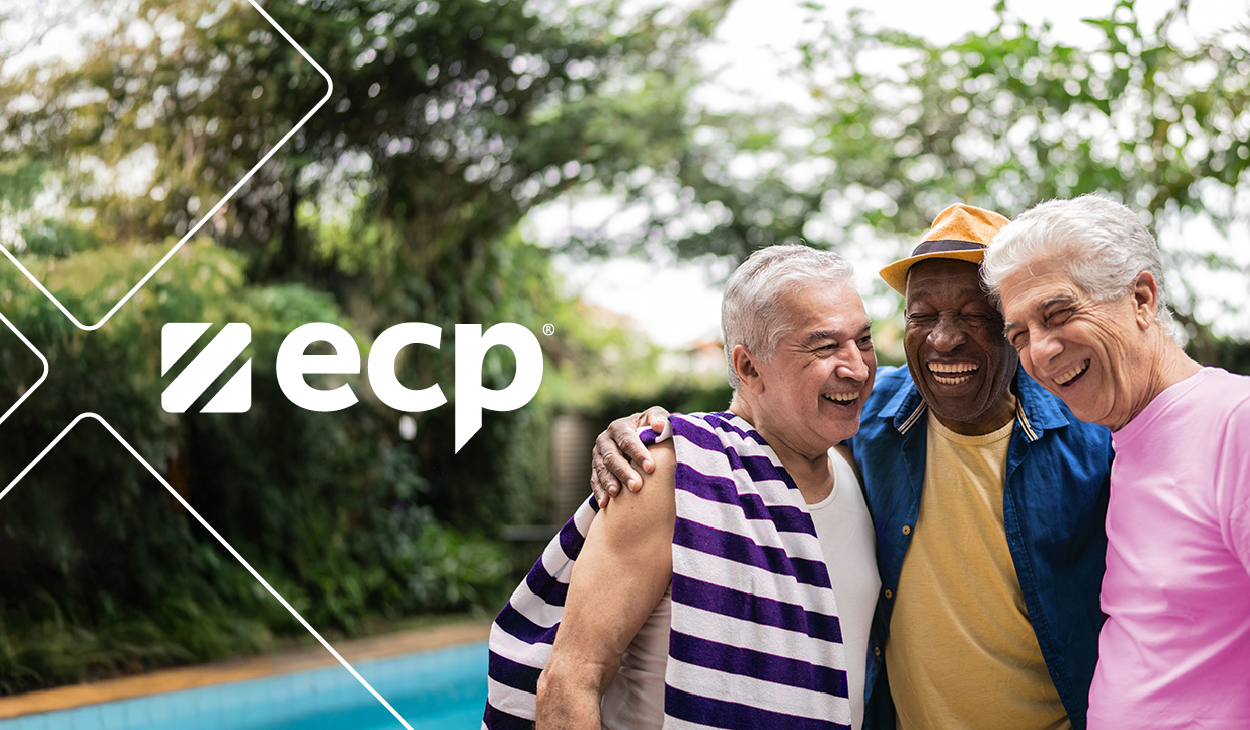 smiling elderly friends at a pool